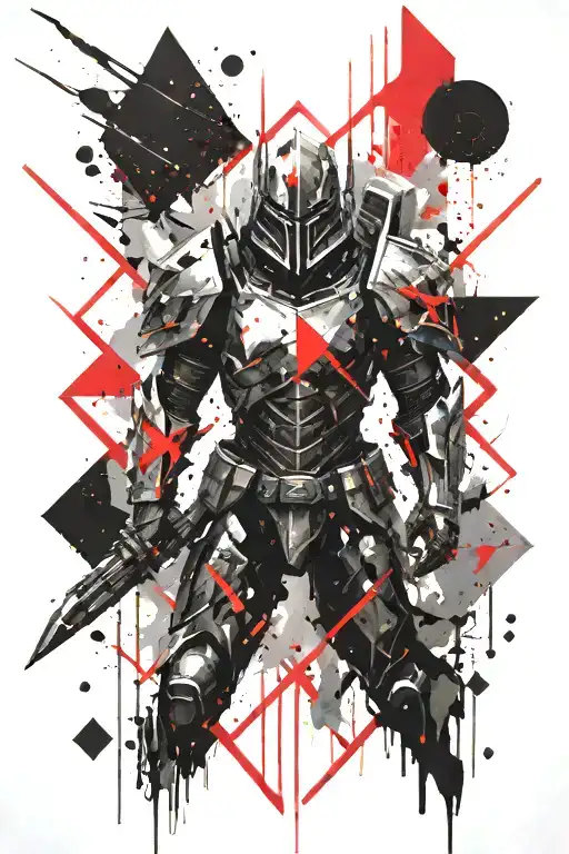 villain in black starfield armour with red lines geometric tattoo design idea
