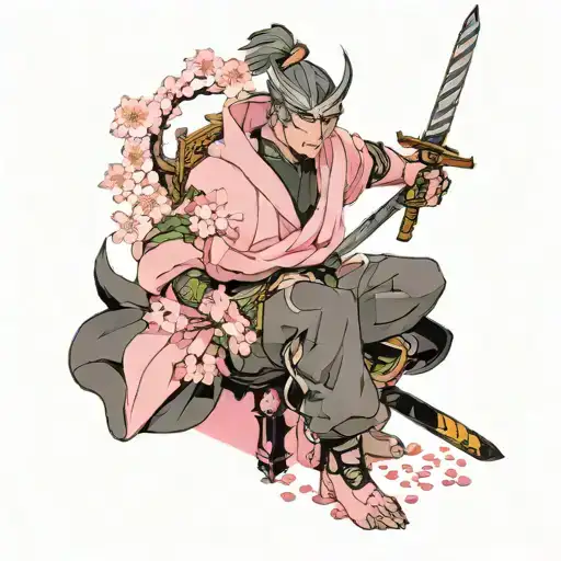I want genji from overwatch in a pink hoodie with cherry blossoms and a dragon and sword tattoo design idea