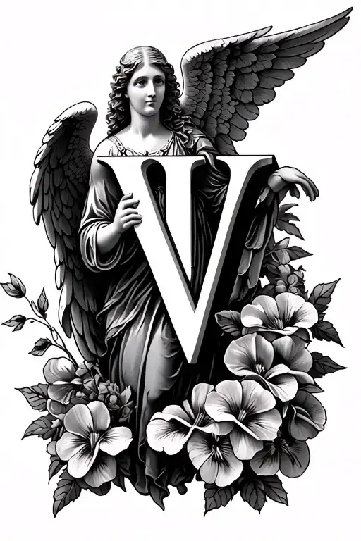 A Detailed Angel Holding the letter V with Viola flowers surronding the angel tattoo design idea