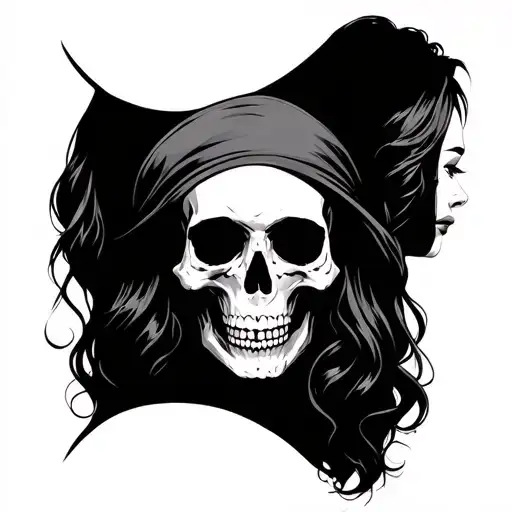 PirateSkull, with sexy women on both side of it, Framed in tattoo design idea