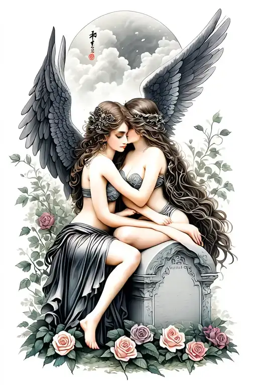 tattoo of 2 lifelike angels intertwined  sitting by a grave with roses growing and a deamon tattoo design idea