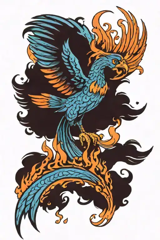 phoenix rising from ashes symbolizing rebirth, blue flame tattoo design idea