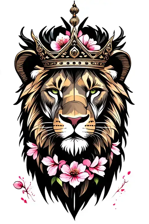 CROWNED LION HEAD WITH CHERRY BLOSSOM tattoo design idea