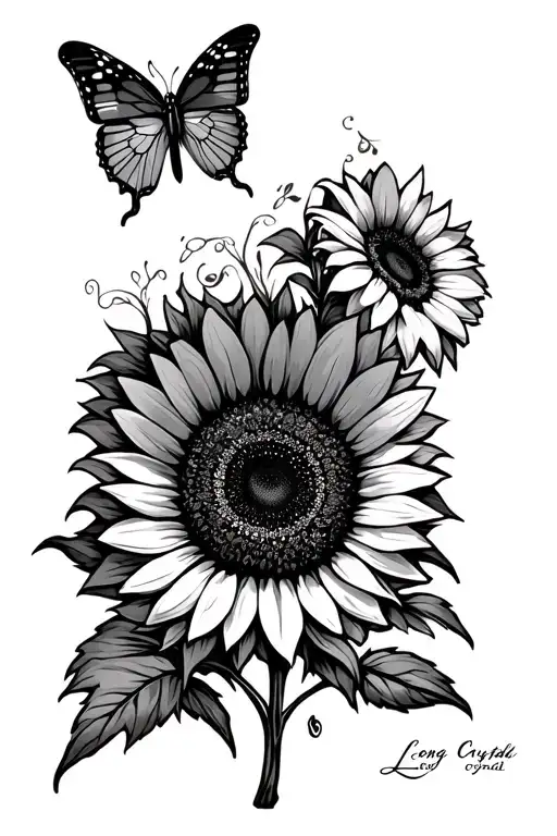 "Long Live Crystal " sunflower and butterfly tattoo design idea