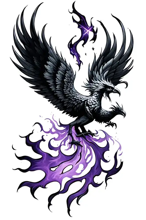flaming phoenix, wings spread wide, with black and violet flames, trailing stars or mana-like energy, chest subtly shape tattoo design idea
