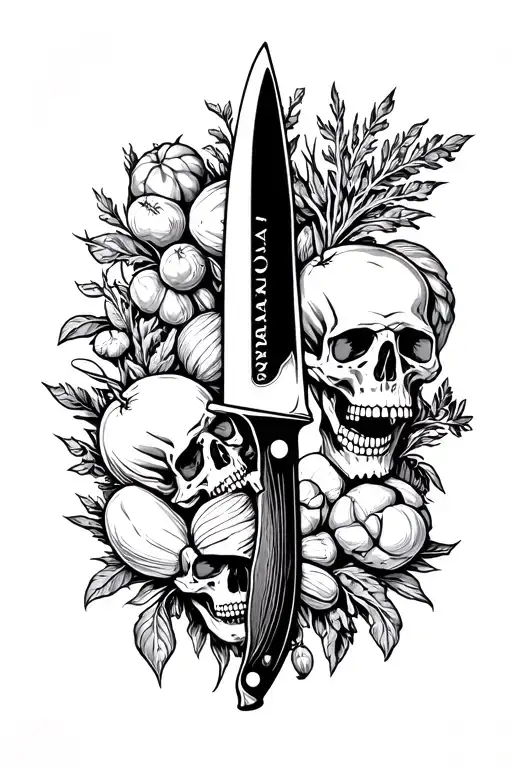 kitchen knife with skulls and vegetables tattoo design idea