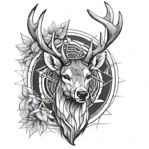 deer head with white shining antlers in geomentric shape tattoo design idea