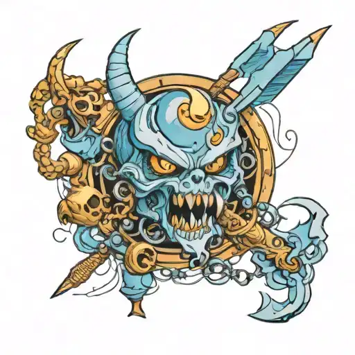 a weapon soul chain weapon light blue alone and angry devil eyes twisted with different spectrum of worlds and universe  tattoo design idea