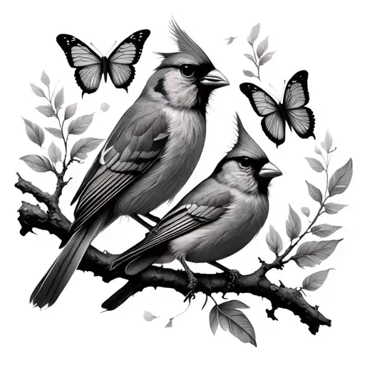 feathers, cardinals sitting on a branch, butterflies  tattoo design idea