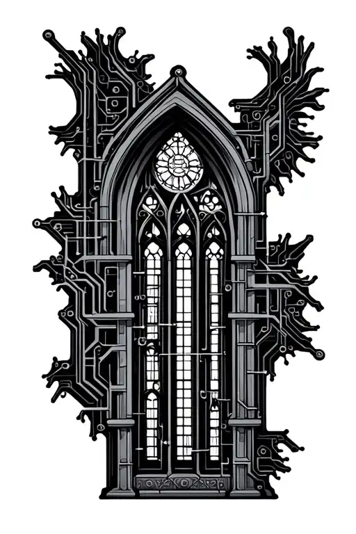 gothic cathedral window trasitioning into a circuitboard tattoo design idea