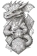 a cute dragon hugging a d20 dice tattoo design idea