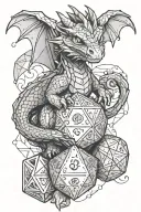 a cute dragon hugging a d20 dice tattoo design idea