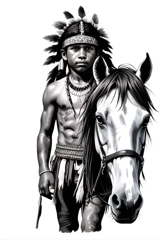 native american boy leading spotted horse tattoo design idea
