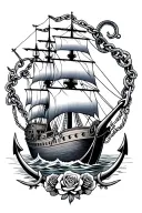 pirate ship with an octopus wrappedaround ship, anchor in front,  anchor chain vines with roses as a border tattoo design idea