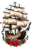 pirate ship with an octopus wrappedaround ship, anchor in front,  anchor chain vines with roses as a border tattoo design idea