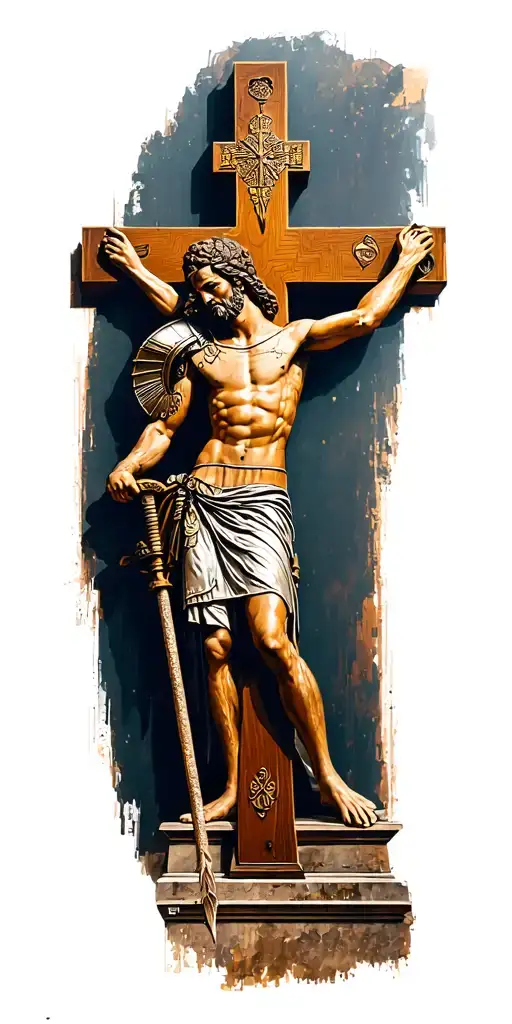 wooden crucifix, Greek Spartans, colosseum, SPQR ROMAN realistic spread out along the ar, tattoo design idea