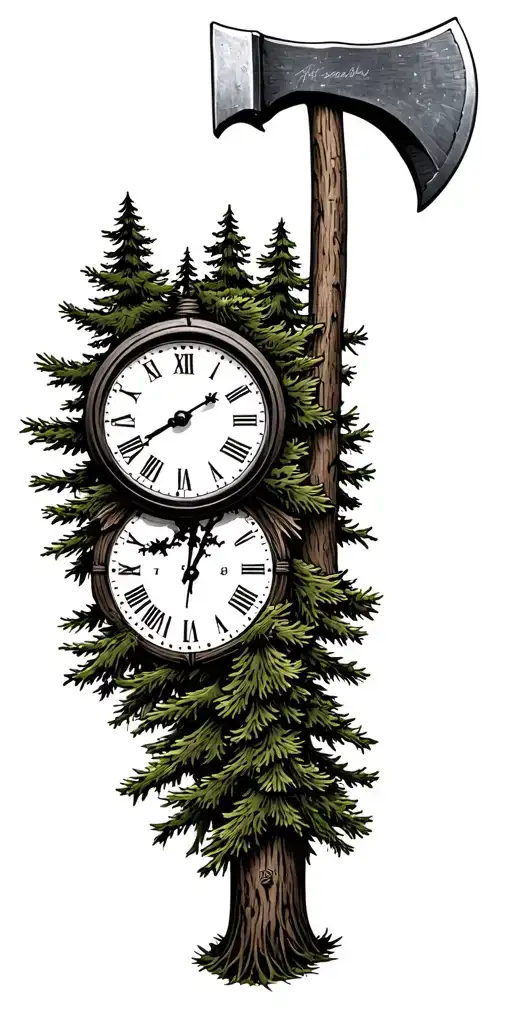 arm sleeve. pine trees, military, clock face, lumberjack axe,  tattoo design idea