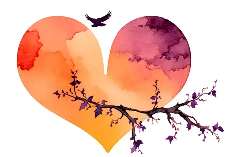 faded purple ivy and dead tree branches bent into the shape of a heart with owl shadows flying above tattoo design idea