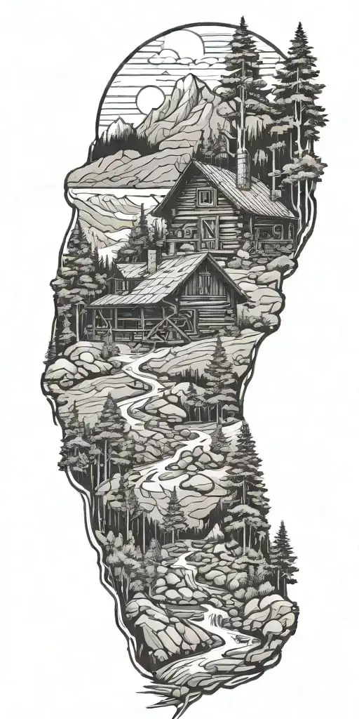 A detailed log cabin in the mountains surrounded by pine trees and a flowing river with hiking trail. tattoo design idea