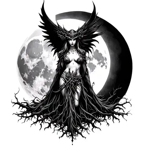 Create a morrigan mythical goddess with a horror feel wrapped in roots and the triple moon rising behind her. tattoo design idea