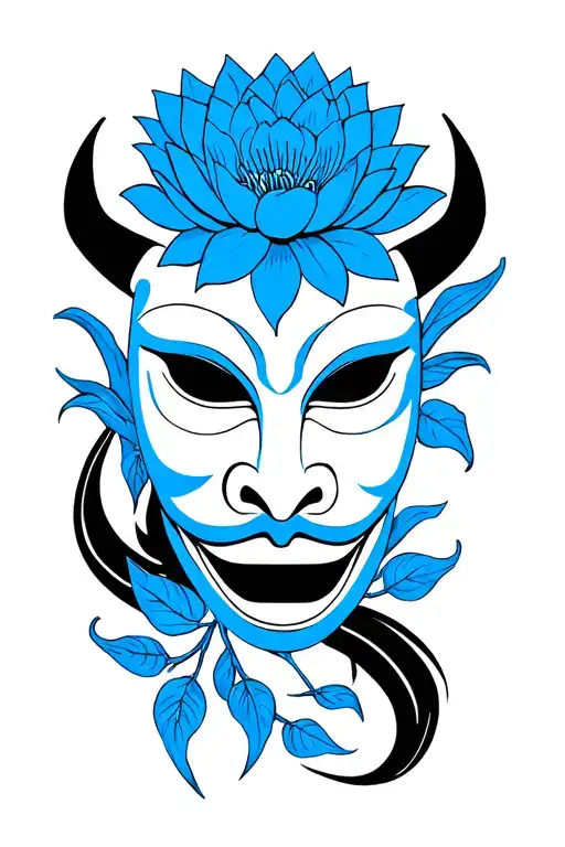 Sri Lankan devil mask with blue lotus flowers intertwined tattoo design idea