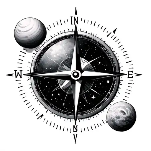 delicate compass with solar system tattoo design idea
