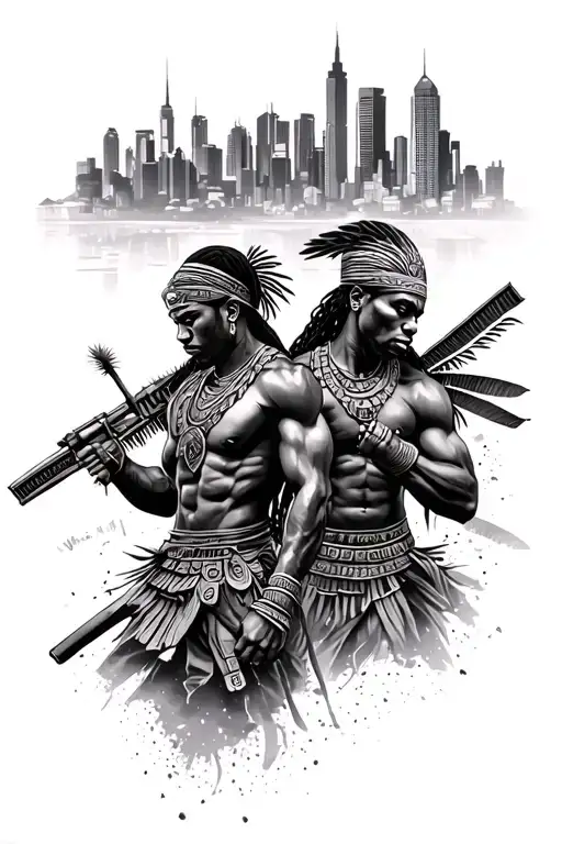 African warriors with city of miami skyline inside tattoo design idea