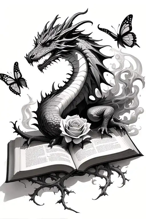 open tattered book with a smoke dragon emerging. celestial background, with thorny vines and tattered butterflies/rose tattoo design idea