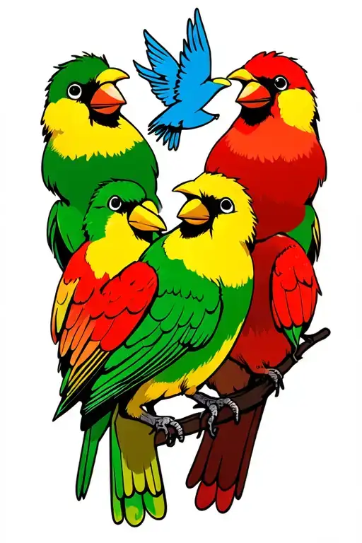 3 Little Birds in green, yellow and red with a blue bird flying overhead  tattoo design idea