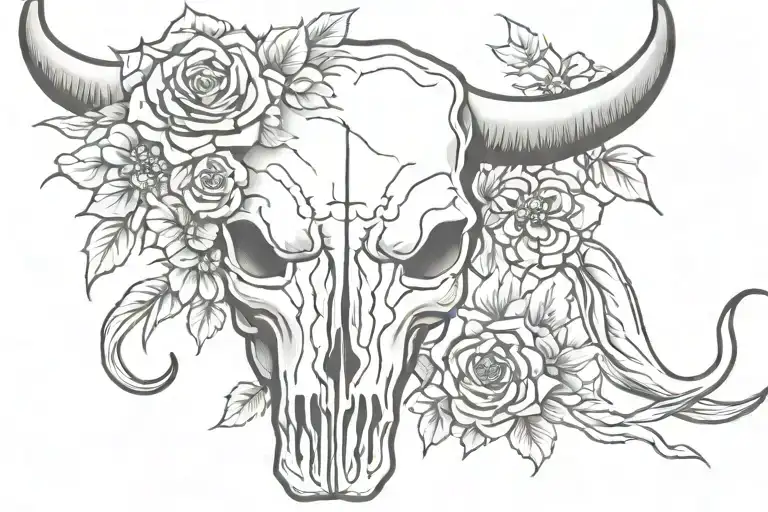 flowers and bull skull soft shading tattoo design idea
