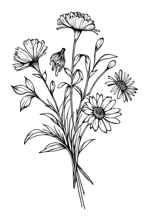 dainty black fineline bouquet of carnation, snowdrop, aster, cosmo, and larkspur flowers tattoo design idea
