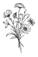 dainty black fineline bouquet of carnation, snowdrop, aster, cosmo, and larkspur flowers tattoo design idea