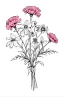 dainty black fineline bouquet of carnation, snowdrop, aster, cosmo, and larkspur flowers tattoo design idea