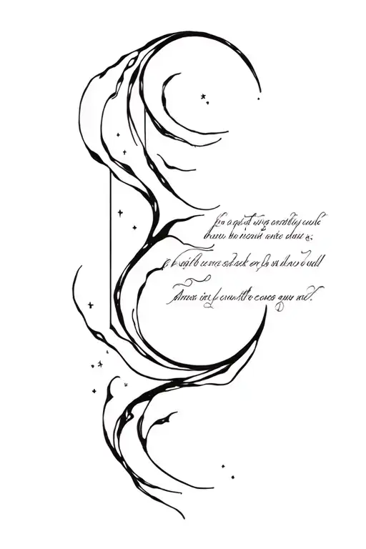 fluid form back tattoo design from top left to bottom right combining moon element with vertical quote down the spine tattoo design idea