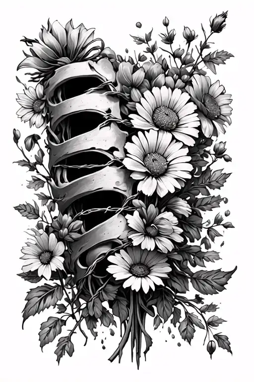 spine tatto, bar wire going down spine, wildflowers curving along barbwire all black tattoo design idea