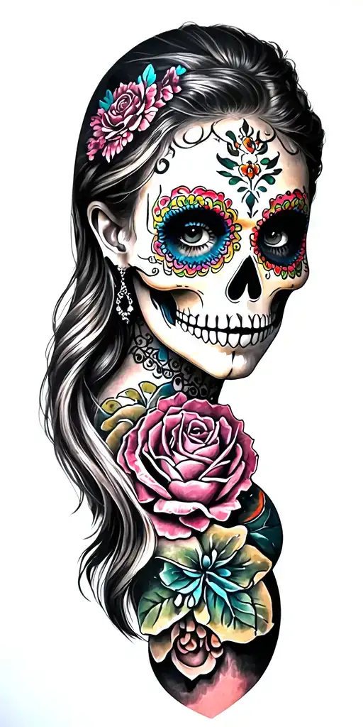 sugar skull girl, colorful, realistic portrait tattoo tattoo design idea