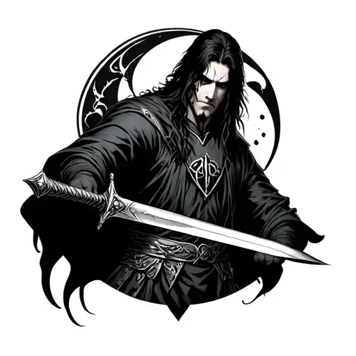 alucard holding a sword with castlevania moon logo around him tattoo design idea