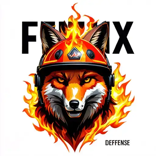 "Fenix Defense Tech" Fox head wearing fire helmet tattoo design idea