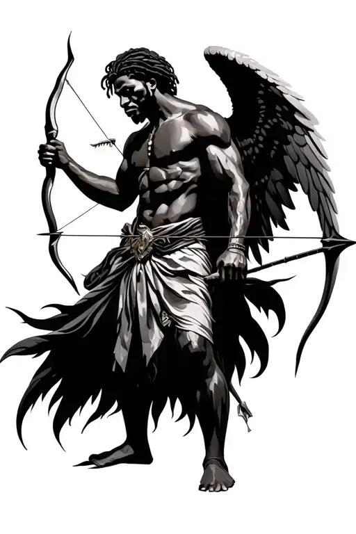 African man angel warrior holding bow and arrow realism tattoo design idea
