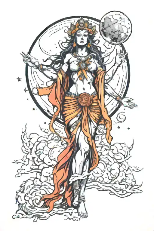 wisdom goddess full body standing front facing raised hand powerful sexy full moon rising colorful tattoo design idea
