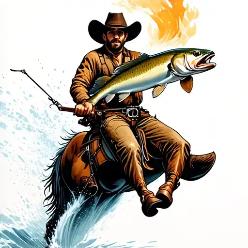 cowboy riding a cutthroat trout jumping tattoo design idea