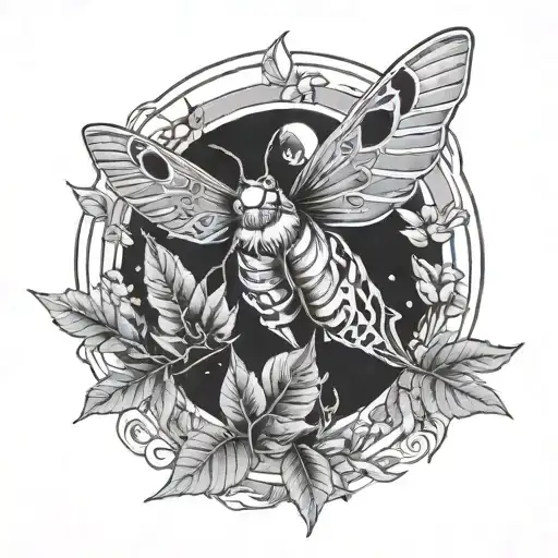 moth surrounded by leaves flying to the moon tattoo design idea