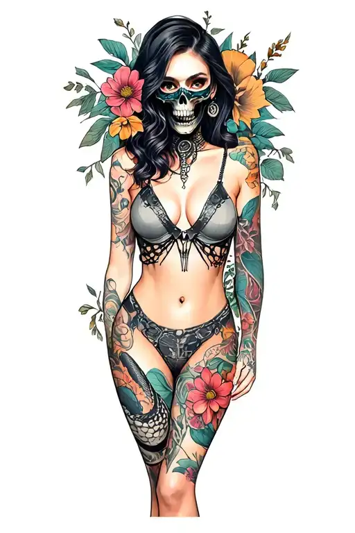 "Miss spent youth" futuristic woman posing mask snake skulls flowers tattoo design idea