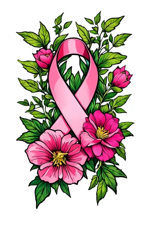 breast cancer ribbon intertwined vines and flowers tattoo design idea