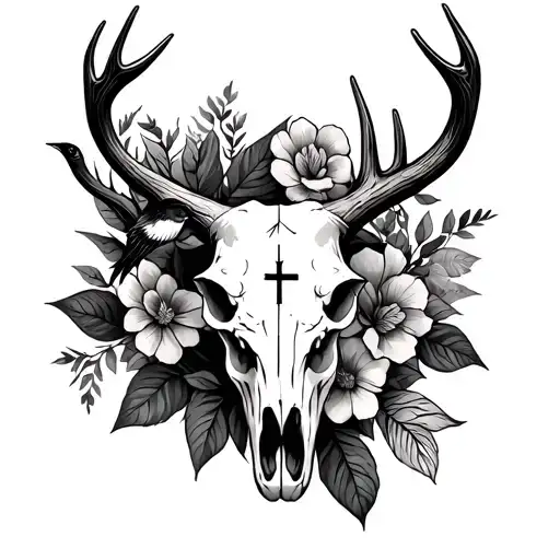 floral, bull skull, hummingbird, deer antler, cross tattoo design idea
