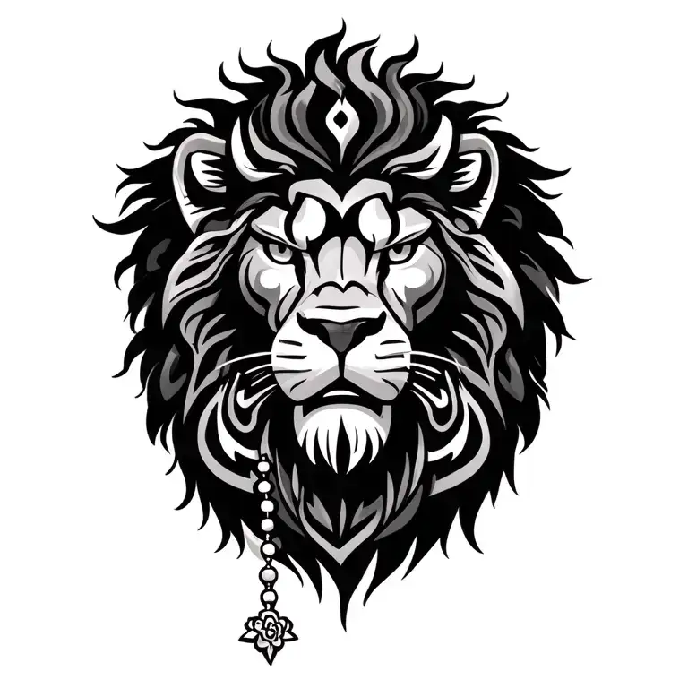 A Maori tribal lion, for a right shoulder and pectoral. with a rosary. With Maori decoration tattoo design idea