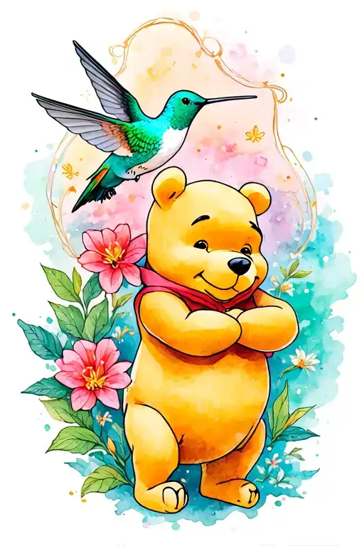 amaller side, maybe medium, delicate tattoo with watercolor theme of Winnie the Pooh and a hummingbird using turquoise tattoo design idea