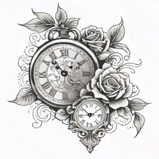 long clock tattoo with key and rose background tattoo design idea