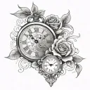 long clock tattoo with key and rose background tattoo design idea
