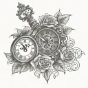 long clock tattoo with key and rose background tattoo design idea